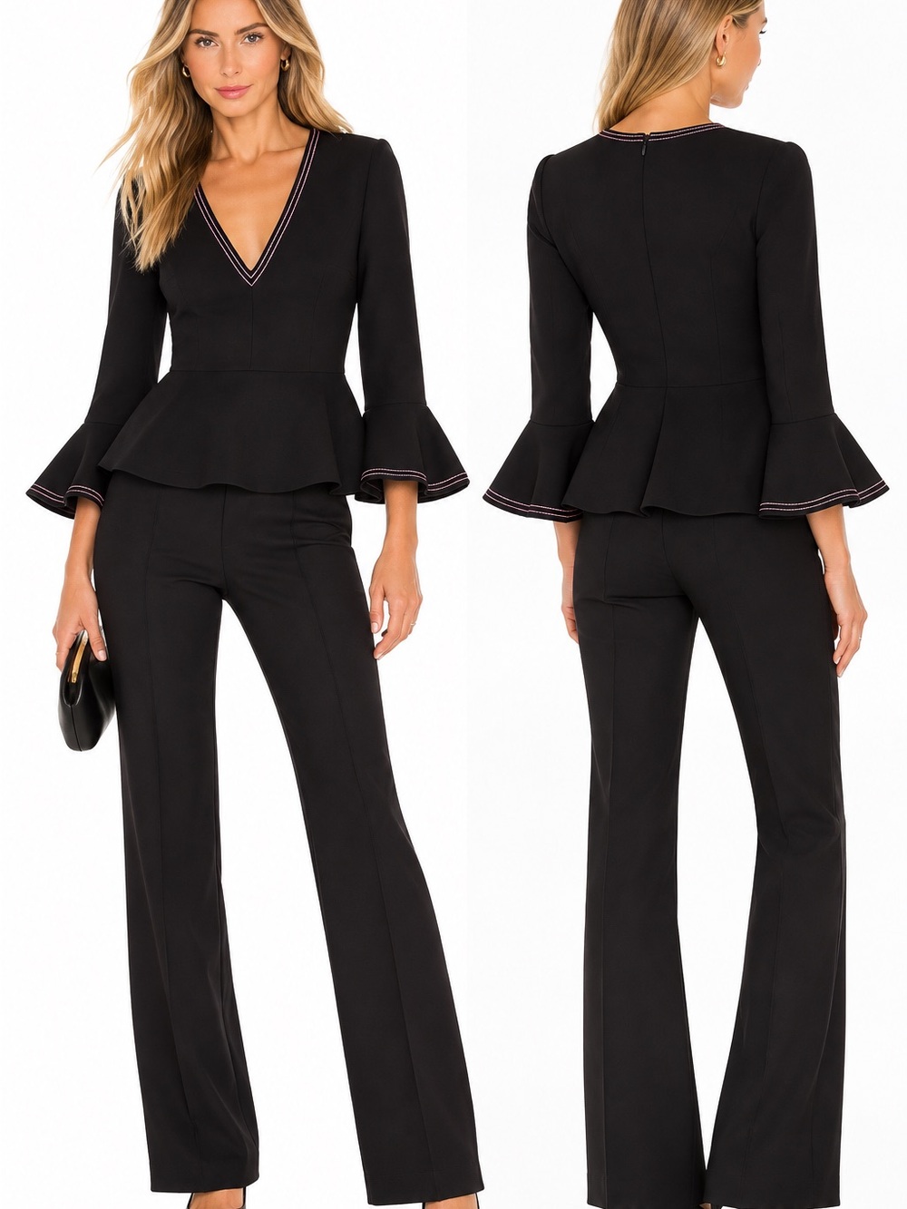 ROKSANDA Black Peplum Top Bell Sleeve Pink Contrast Stitch Designer Blouse Size
